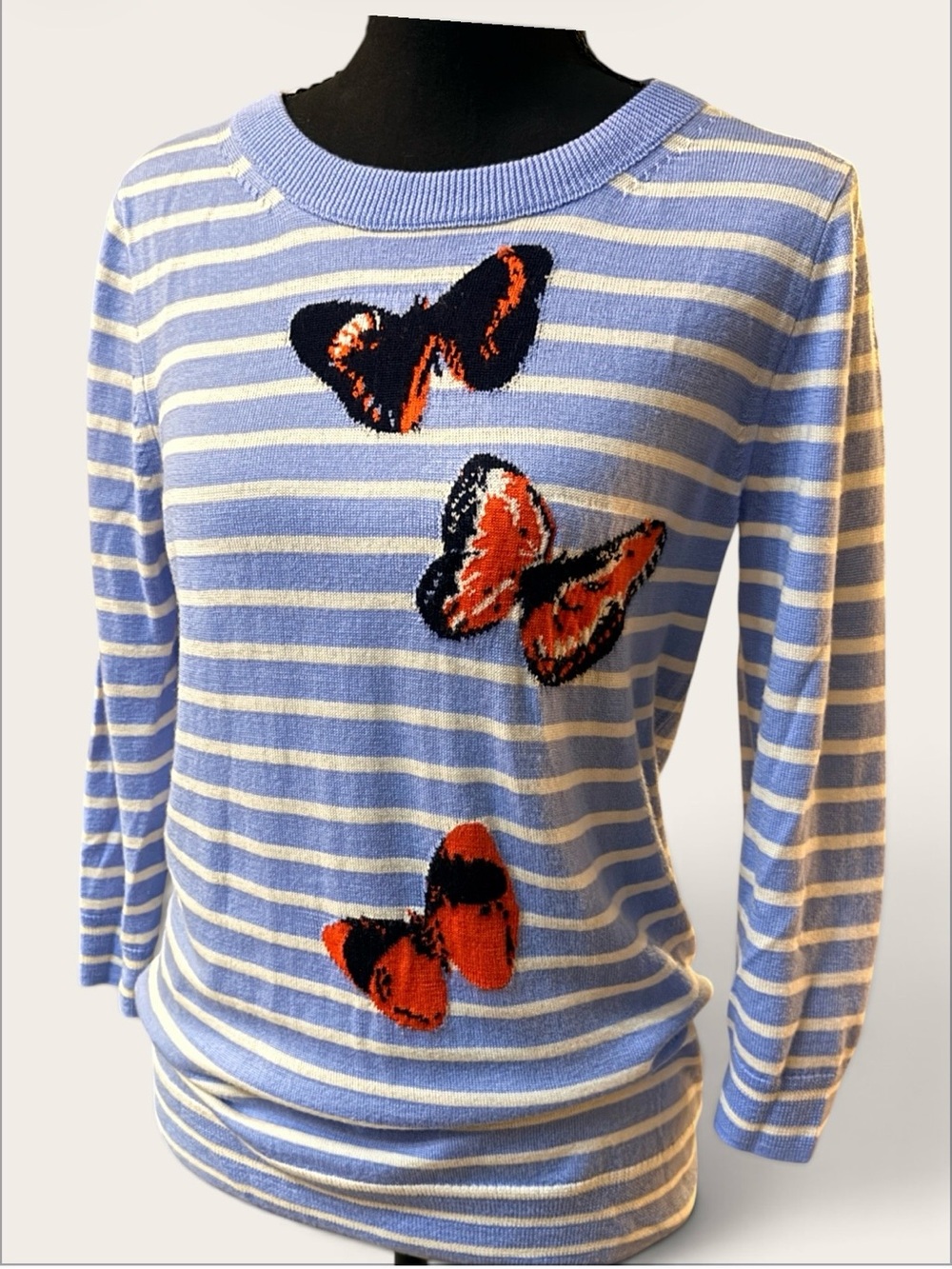 J. Crew Light Blue & White Striped Butterfly 100% Merino Wool Sweater Size S